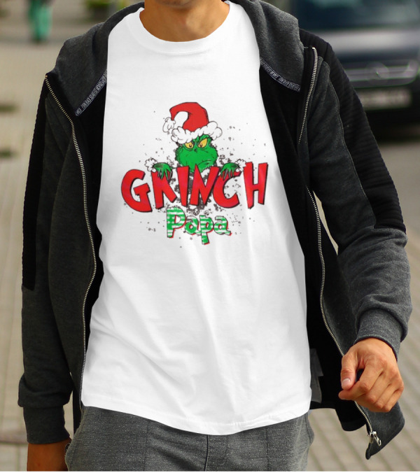 Grinch Christmas Papa Theme With Santa Hat T-Shirt