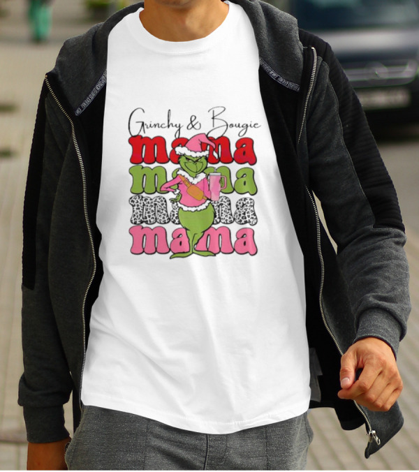 Grinchy And Bougie Mama Christmas With Festive Grinch Holding Champagne T-Shirt