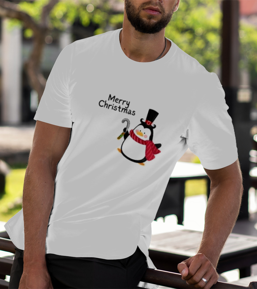 Merry Christmas Penguin With Candy Cane And Top Hat T-Shirt