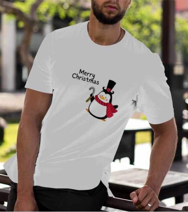 Merry Christmas Penguin With Candy Cane And Top Hat T-Shirt