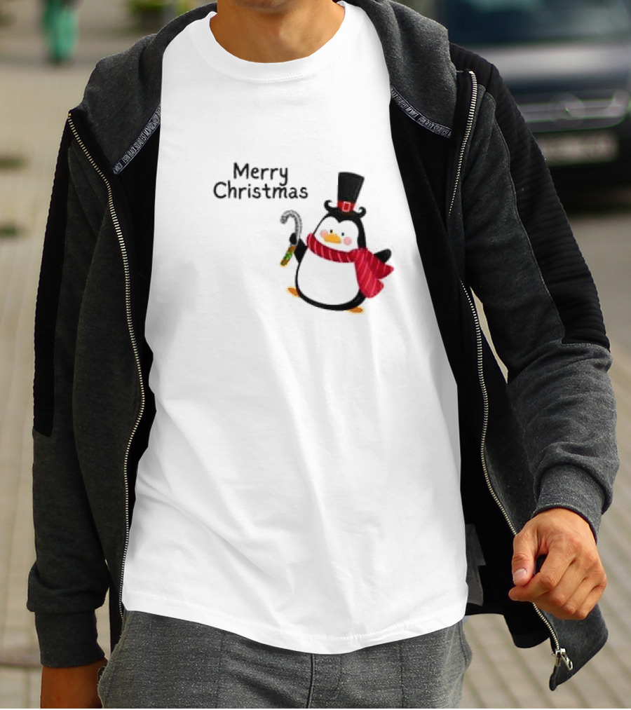 Merry Christmas Penguin With Candy Cane And Top Hat T-Shirt