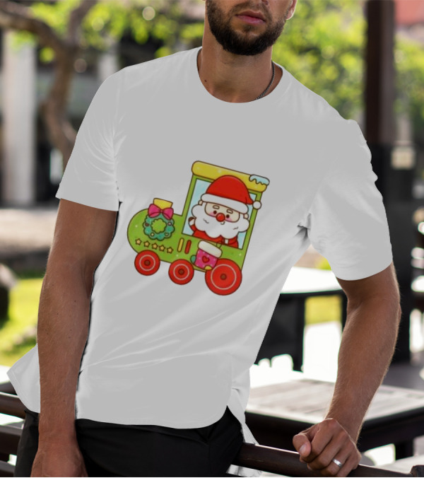 Santa Cute Christmas Train With Wreath And Stars T-Shirt