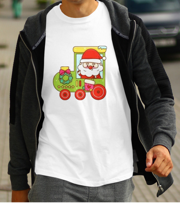 Santa Cute Christmas Train With Wreath And Stars T-Shirt
