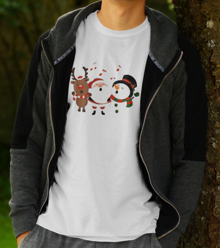Santa Reindeer And Snowman Singing Christmas Carols Together T-Shirt