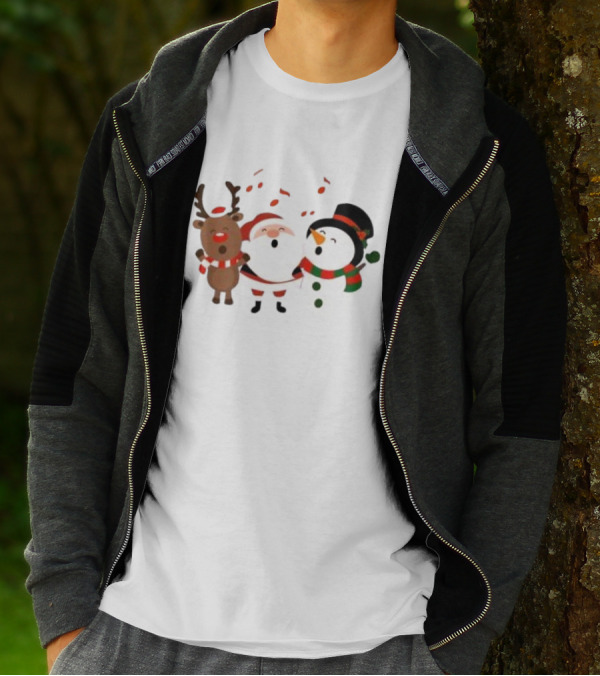Santa Reindeer And Snowman Singing Christmas Carols Together T-Shirt
