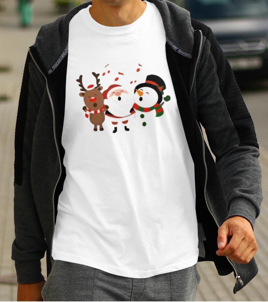 Santa Reindeer And Snowman Singing Christmas Carols Together T-Shirt