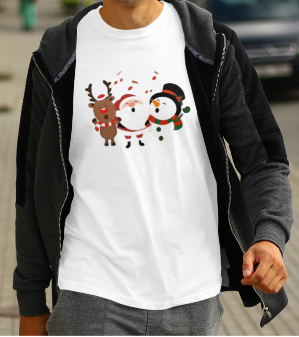 Santa Reindeer And Snowman Singing Christmas Carols Together T-Shirt