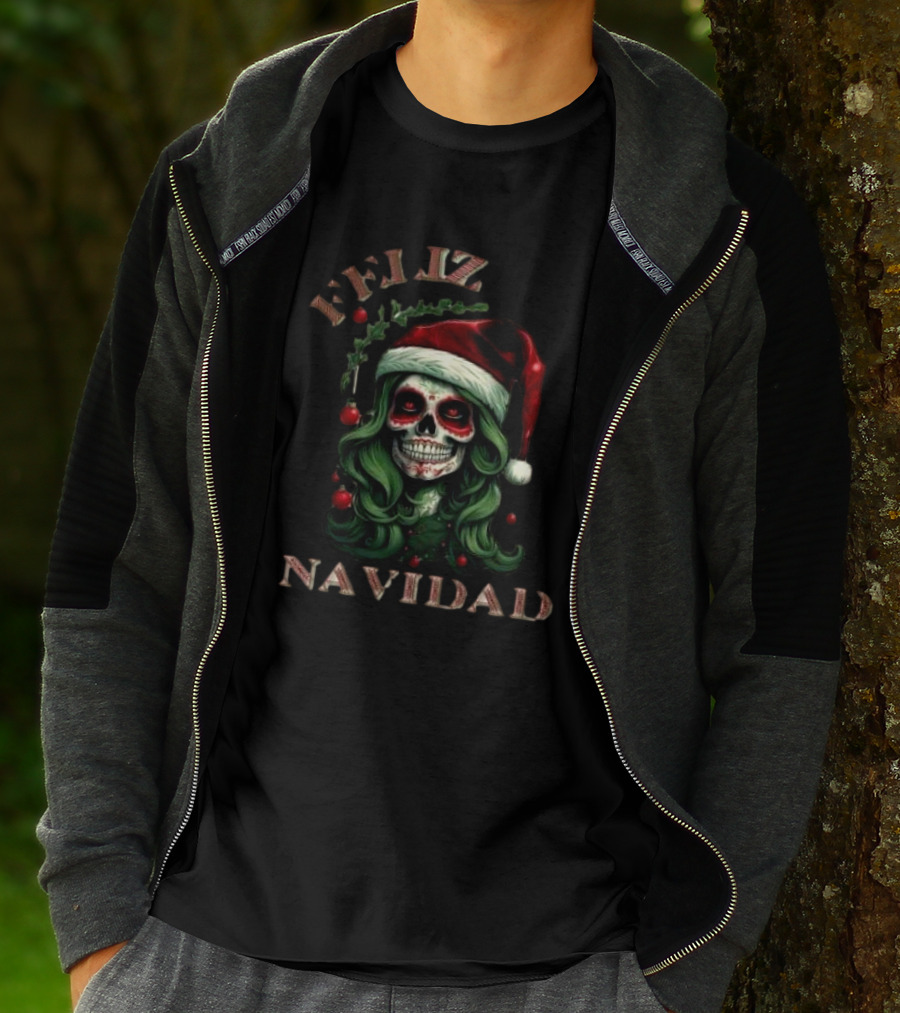 Feliz Navidad Skull Santa Hat Merry Christmas T-Shirt
