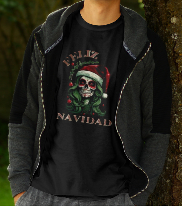 Feliz Navidad Skull Santa Hat Merry Christmas T-Shirt