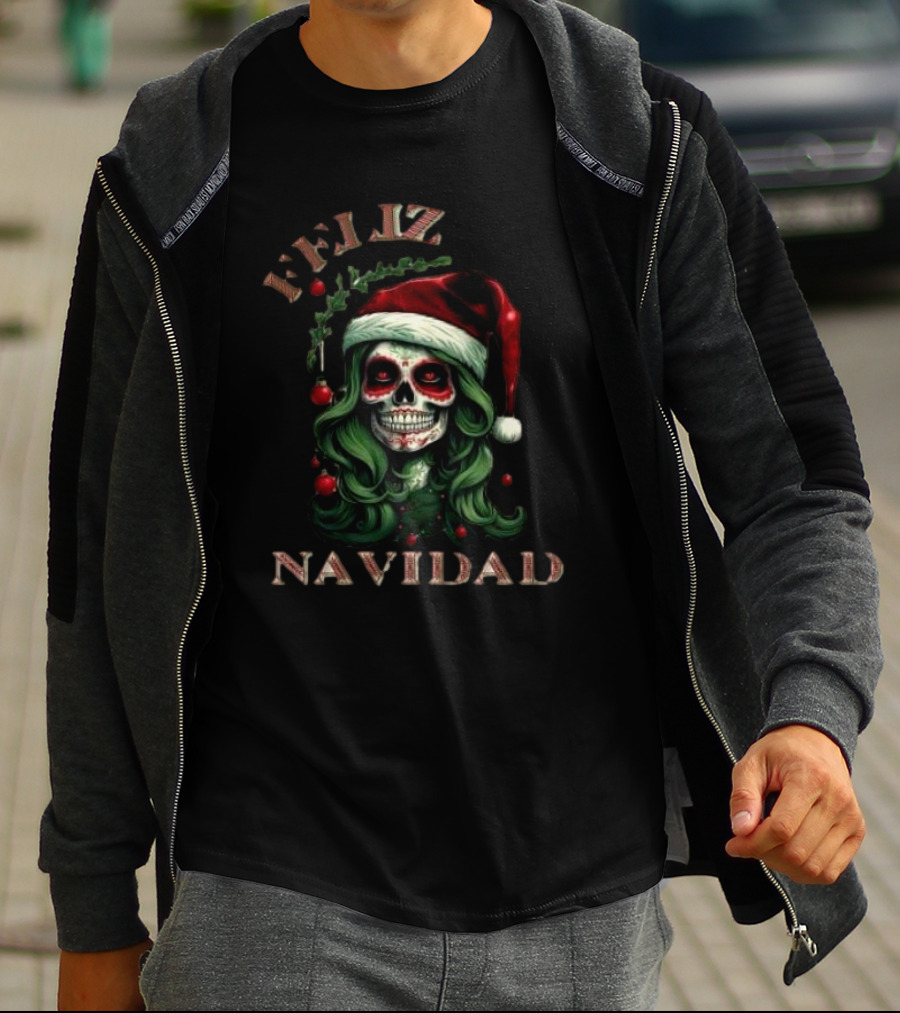 Feliz Navidad Skull Santa Hat Merry Christmas T-Shirt