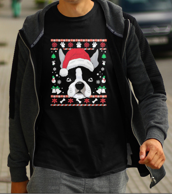 Ugly Christmas Boston Terrier In Santa Hat With Snowflakes And Paw Prints T-Shirt