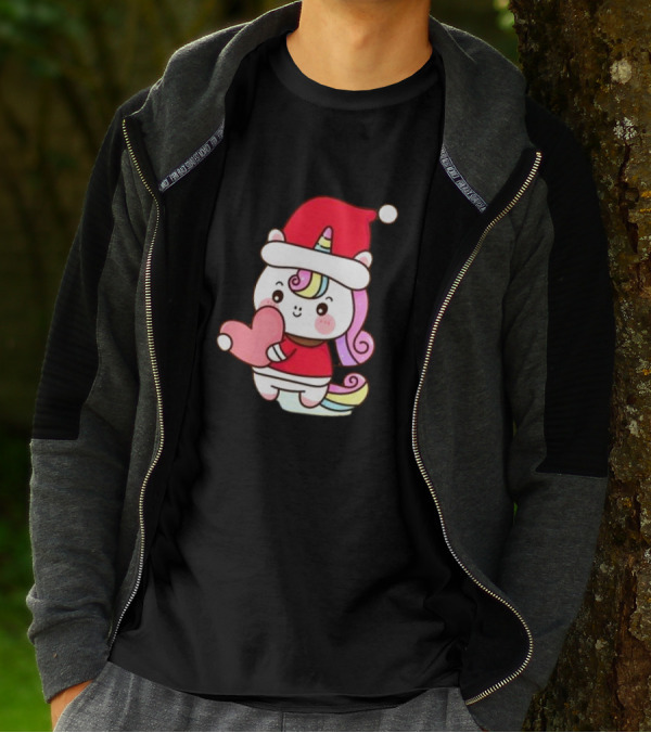 Unicorn Santa Hat Heart Christmas T-Shirt