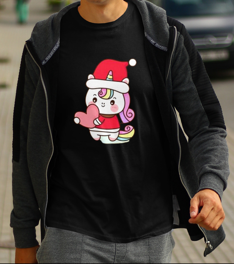 Unicorn Santa Hat Heart Christmas T-Shirt