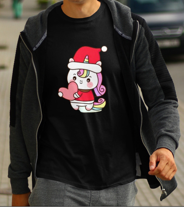 Unicorn Santa Hat Heart Christmas T-Shirt