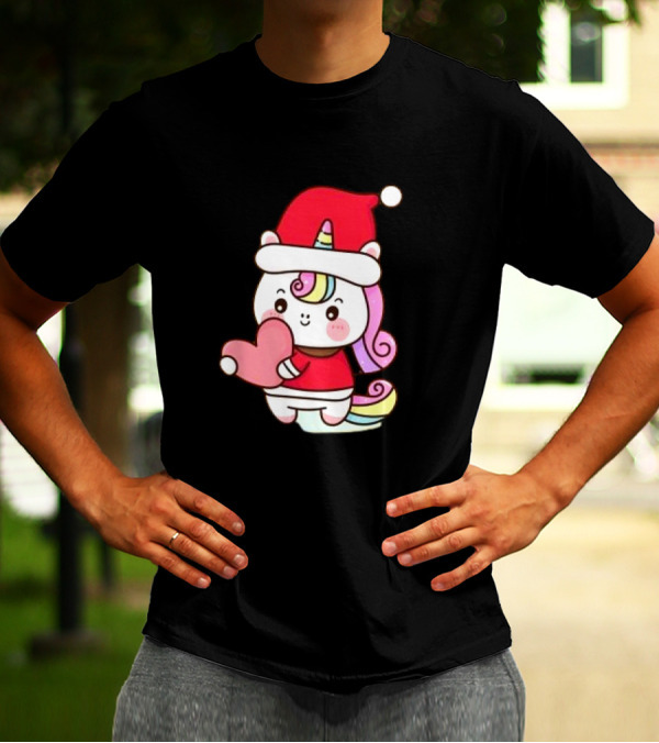Unicorn Santa Hat Heart Christmas T-Shirt