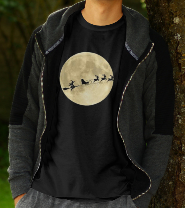 Witch Riding With Santa's Sleigh In Full Moon Christmas Scene T-Shirt