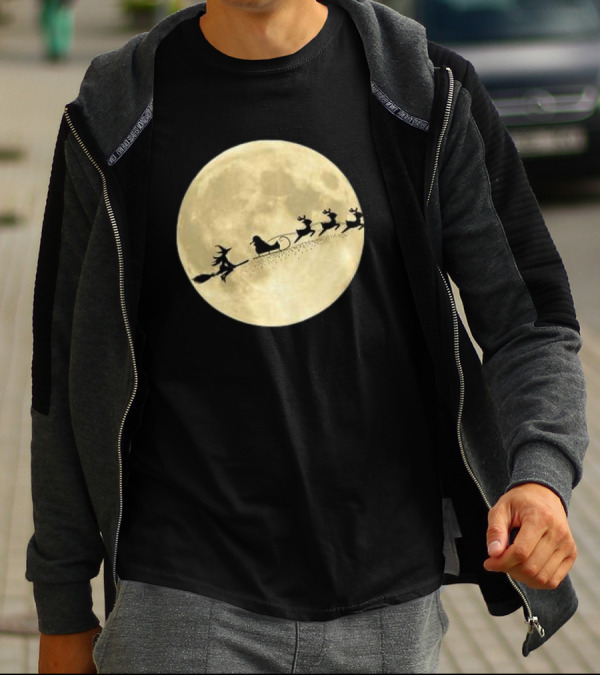 Witch Riding With Santa's Sleigh In Full Moon Christmas Scene T-Shirt