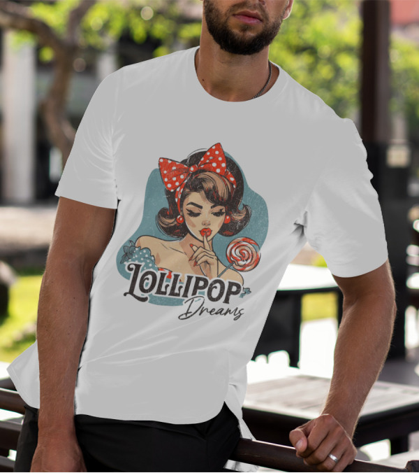 Lollipop Dreams Vintage Style Pinup Woman With Lollipop And Red Bow T-Shirt