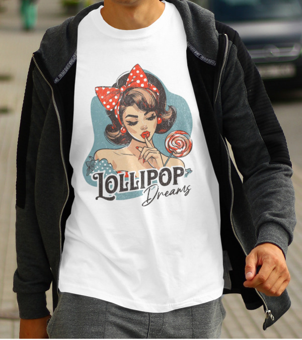Lollipop Dreams Vintage Style Pinup Woman With Lollipop And Red Bow T-Shirt