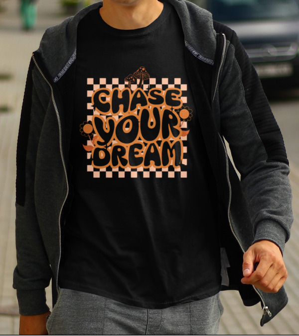 Chase Your Dream Retro Checkered Flowers And Mushrooms T-Shirt