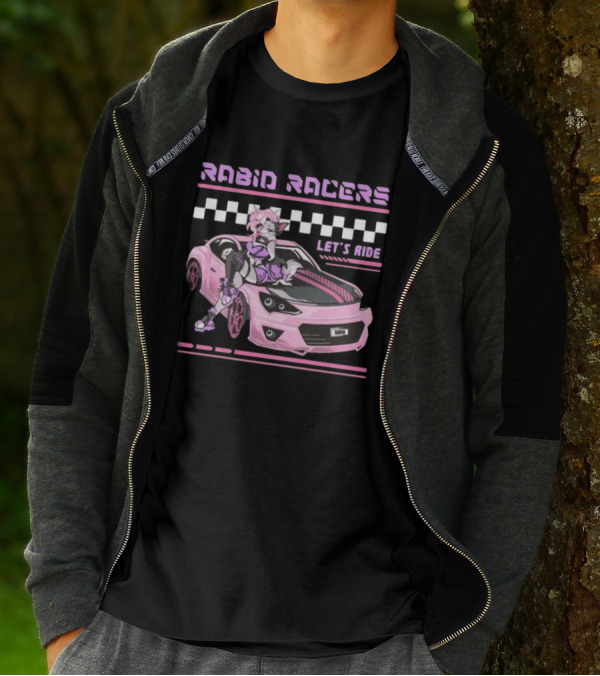Rabid Racers Let’s Ride Pink Anime Style Racer Girl With Wufu License Plate T-Shirt