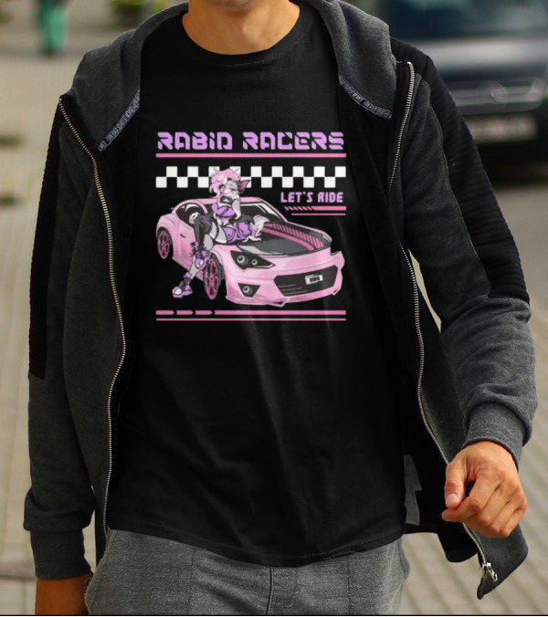 Rabid Racers Let’s Ride Pink Anime Style Racer Girl With Wufu License Plate T-Shirt