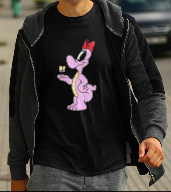 Pink Cartoon Dinosaur With Red Bow And Butterfly T-Shirt