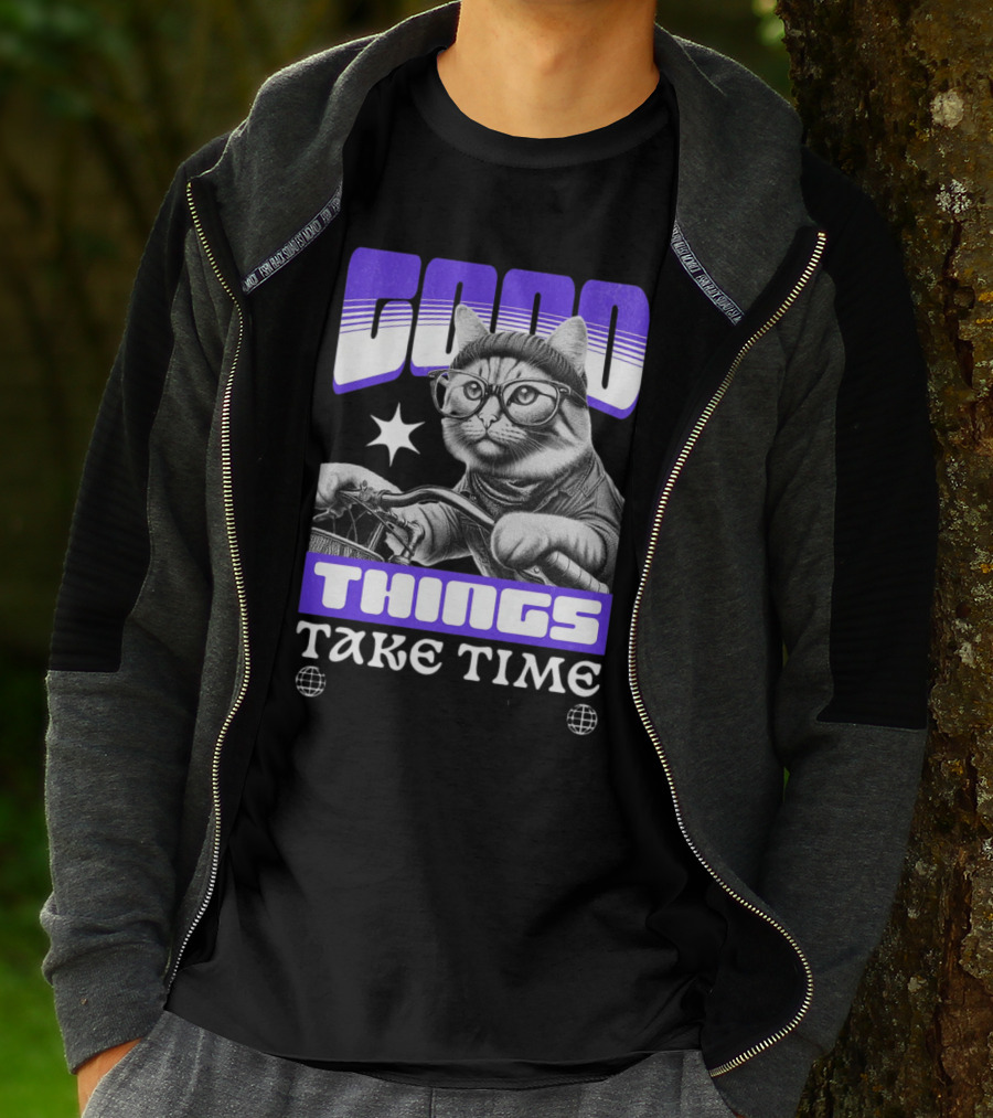 Good Things Take Time Cat In Glasses With Bicycle T-Shirt