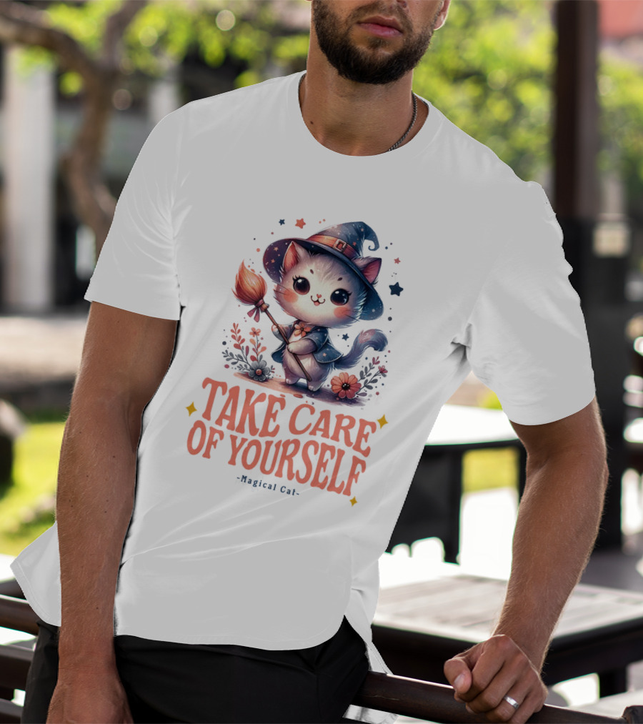 Take Care Of Yourself Magical Cat Wizard Hat Broomstick T-Shirt