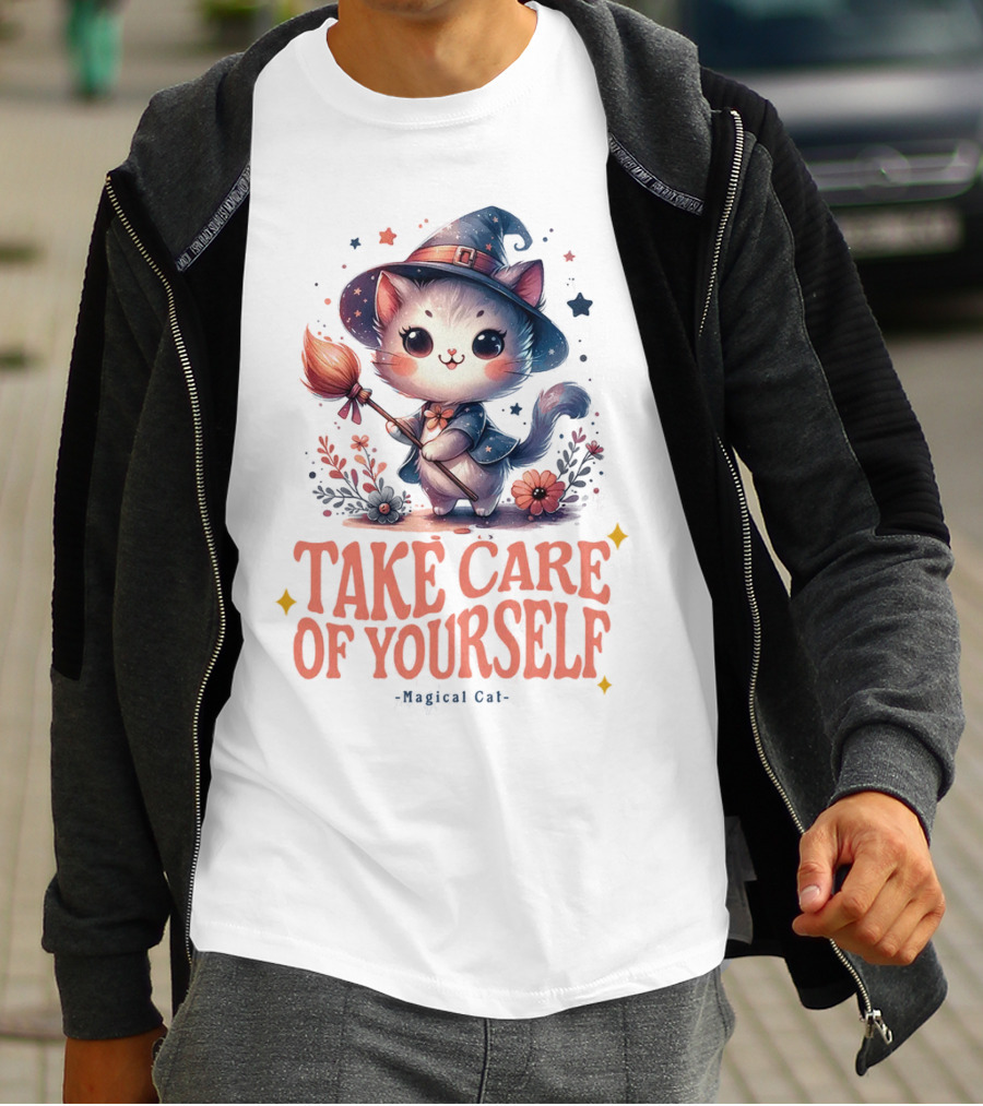 Take Care Of Yourself Magical Cat Wizard Hat Broomstick T-Shirt