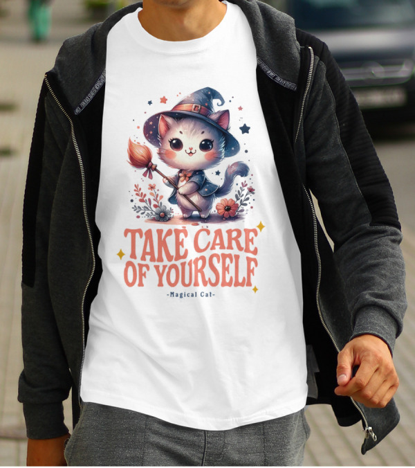 Take Care Of Yourself Magical Cat Wizard Hat Broomstick T-Shirt
