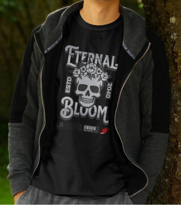 ETERNAL BLOOM ESTD 2040 Skull Roses Barcode Red Rocket T-Shirt