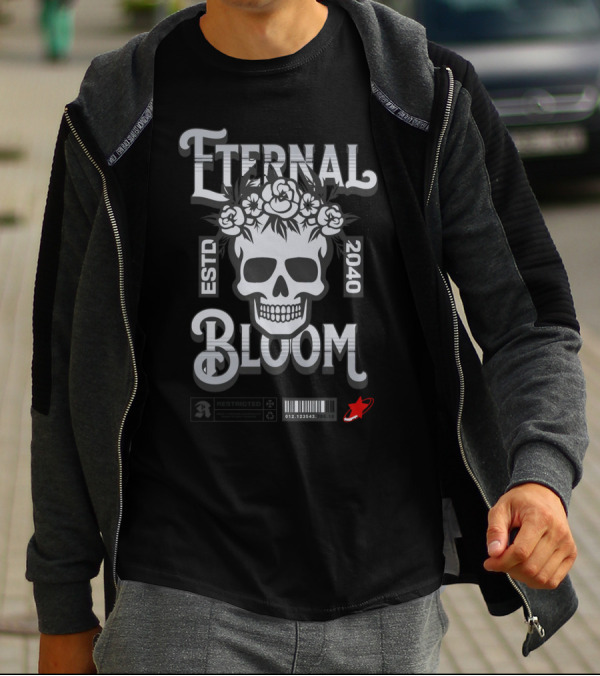 ETERNAL BLOOM ESTD 2040 Skull Roses Barcode Red Rocket T-Shirt