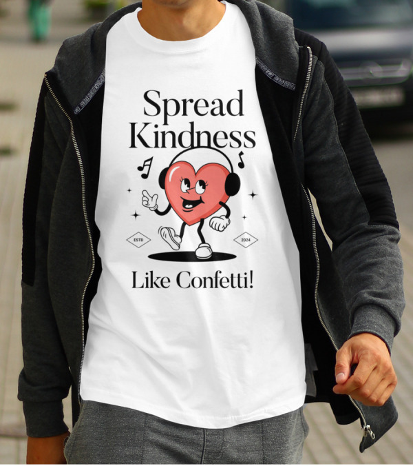 Spread Kindness Like Confetti Heart Character With Headphones Music Notes T-Shirt