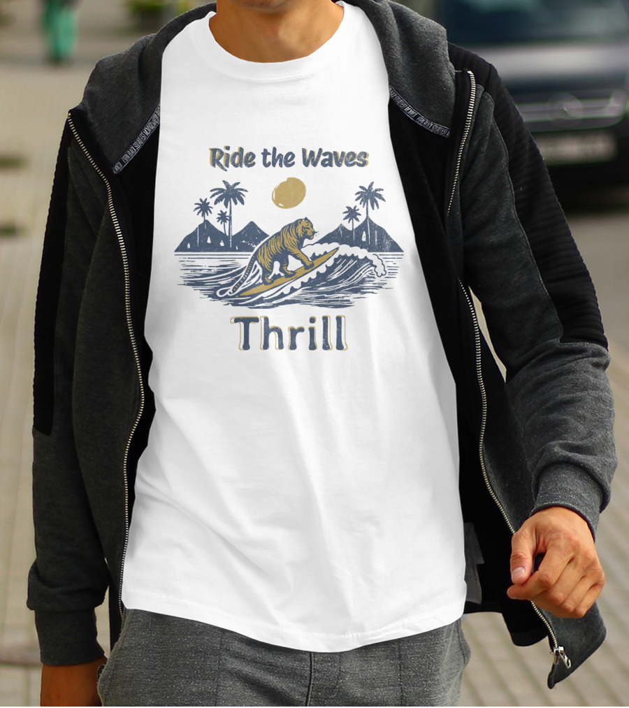 Ride The Waves Thrill Tiger Surf Moon Palms T-Shirt