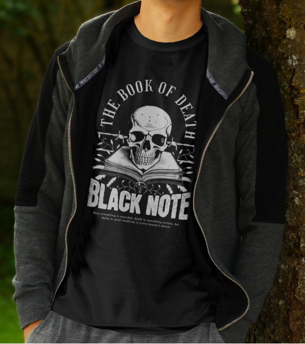 The Book Of Death Black Note Skull With Open Book T-Shirt
