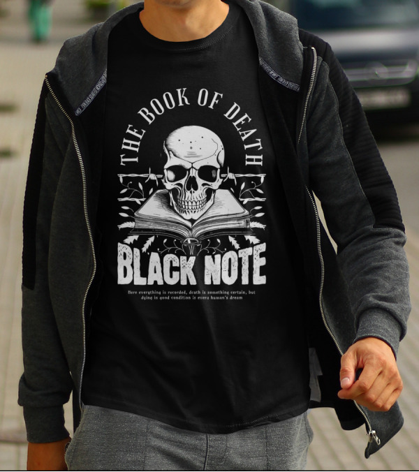 The Book Of Death Black Note Skull With Open Book T-Shirt