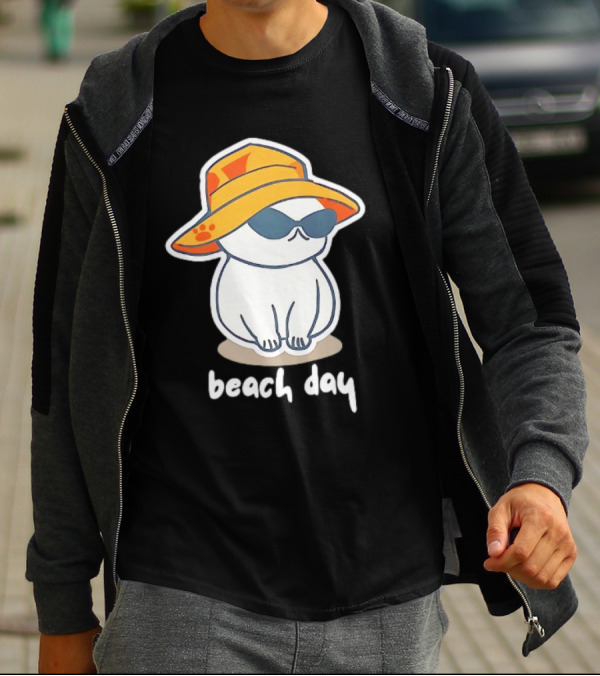 Cat Relaxing In Sunglasses And Hat For A Beach Day T-Shirt