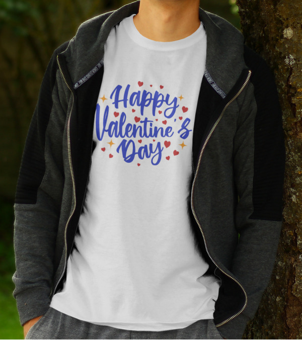 Happy Valentine's Day Blue Script With Hearts And Stars T-Shirt