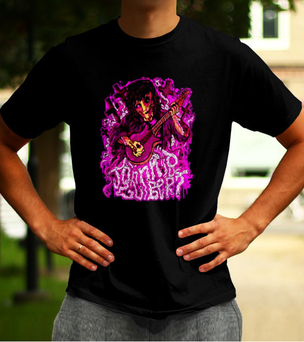 Zombie Johnnie Guilbert Playing Guitar With Pink Crosses And Skull T-Shirt