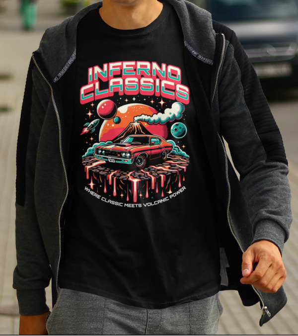 INFERNO CLASSICS WHERE CLASSIC MEETS VOLCANIC POWER PLANETARY MUSCLE CAR VOLCANO SCENE T-Shirt