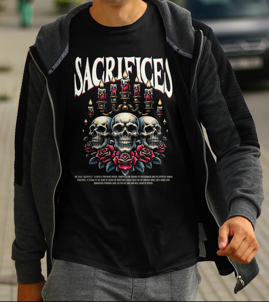 SACRIFICES Skulls Candles Roses Profound Weight Emotions Human Resilience Transcending Personal Gain T-Shirt