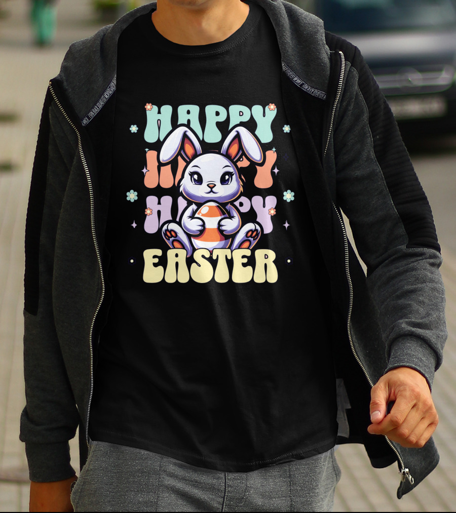 Happy Easter Bunny Holding Egg Pastel Flowers T-Shirt