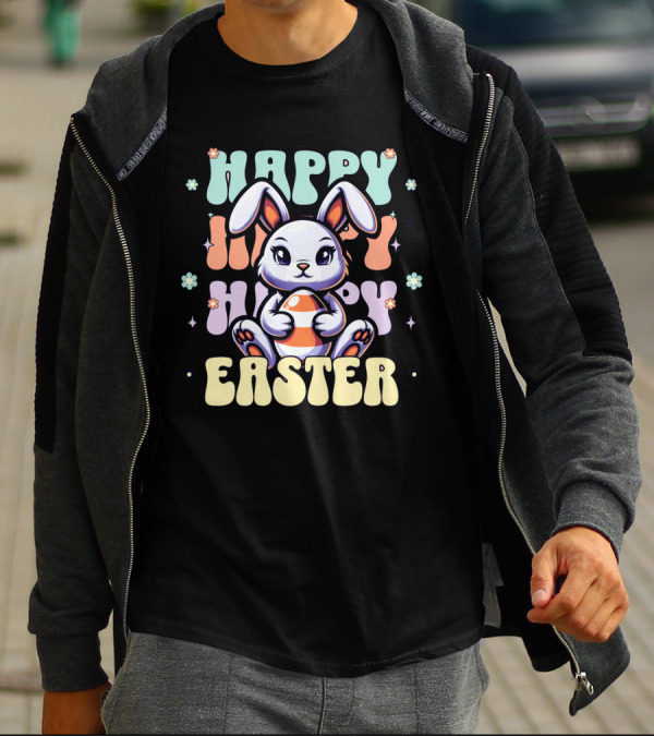 Happy Easter Bunny Holding Egg Pastel Flowers T-Shirt