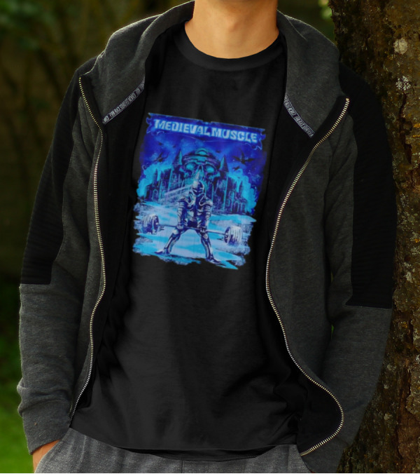 Medieval Muscle Knight Lifting Weights In Gothic Castle Scene T-Shirt
