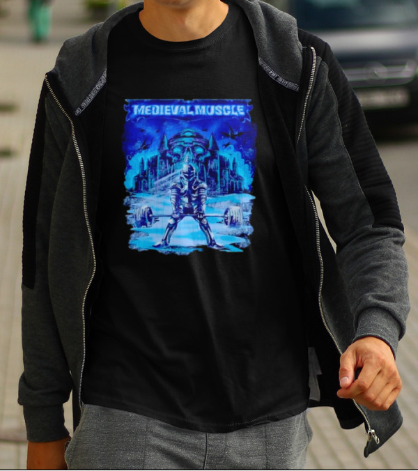 Medieval Muscle Knight Lifting Weights In Gothic Castle Scene T-Shirt