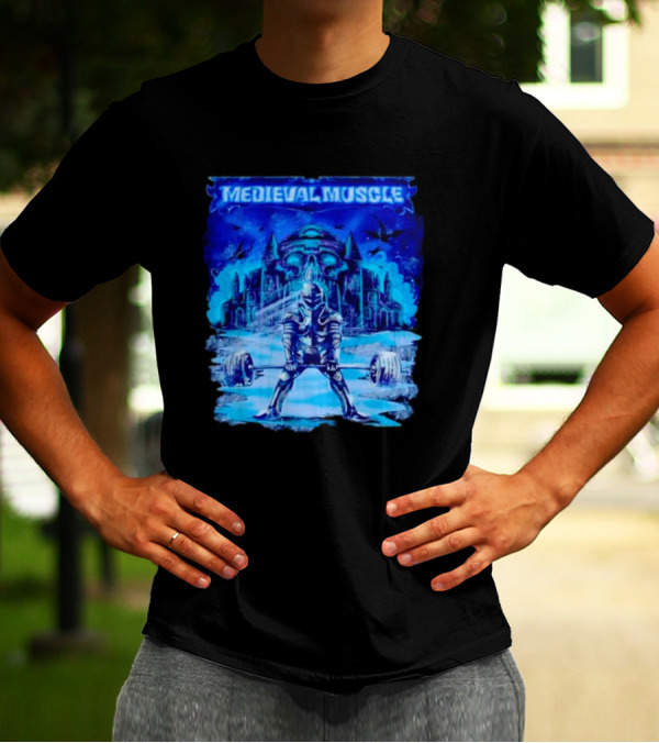 Medieval Muscle Knight Lifting Weights In Gothic Castle Scene T-Shirt