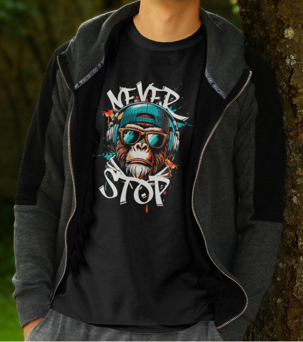 NEVER STOP Cool Monkey In Headphones T-Shirt