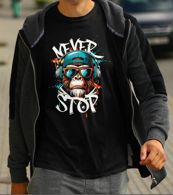 NEVER STOP Cool Monkey In Headphones T-Shirt