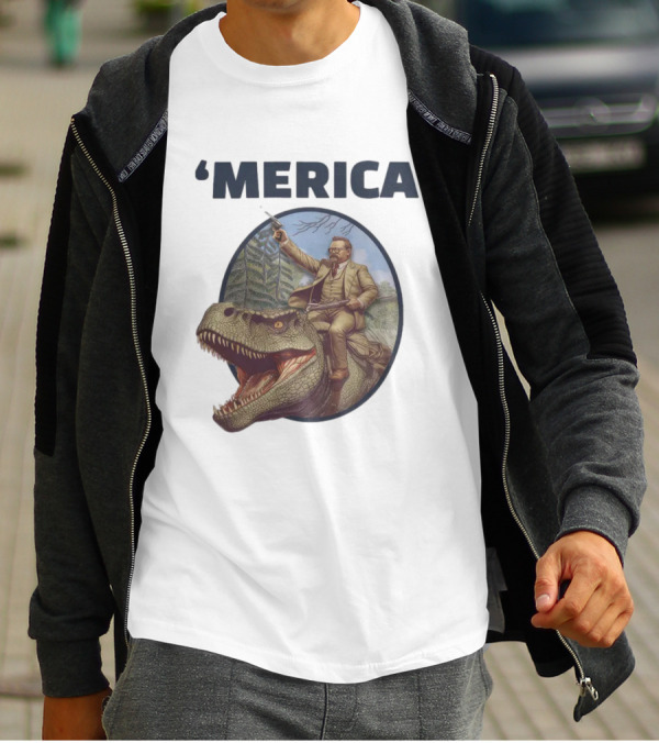 Macrodosing 'Merica Roosevelt Riding Dinosaur With Gun T-Shirt
